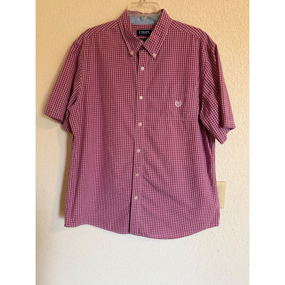 Chaps Mens XL Red White Gingham Check Short Sleeve Button Down Easy Care Shirt